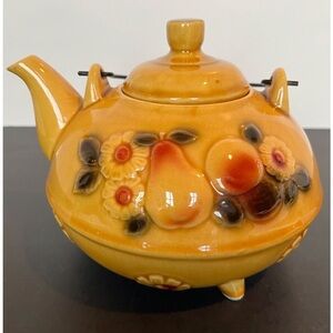 Vintage Golden Honey Fruit and Floral Teapot
